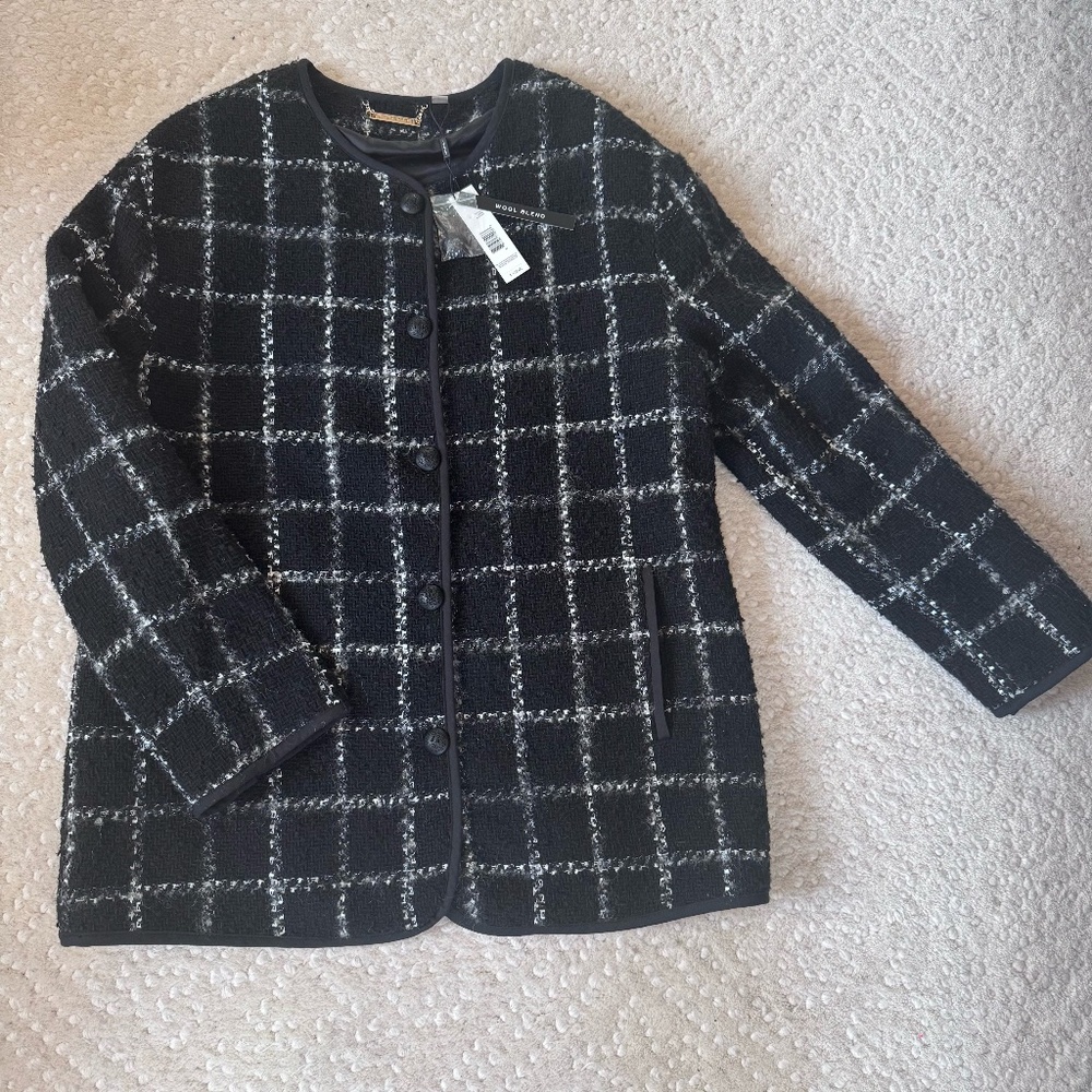 T Tahari Lady Jacket Wool Blend Windowpane Plaid Jacket / Collarless Sz 10, NWT